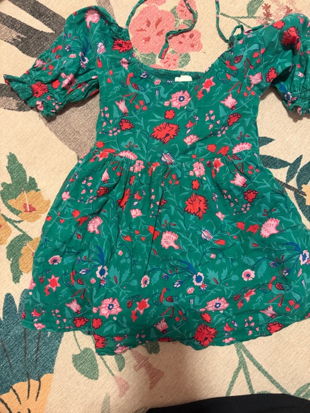 Roller Rabbit Green Floral Puff-Sleeve Dress with Pink & Red Blooms